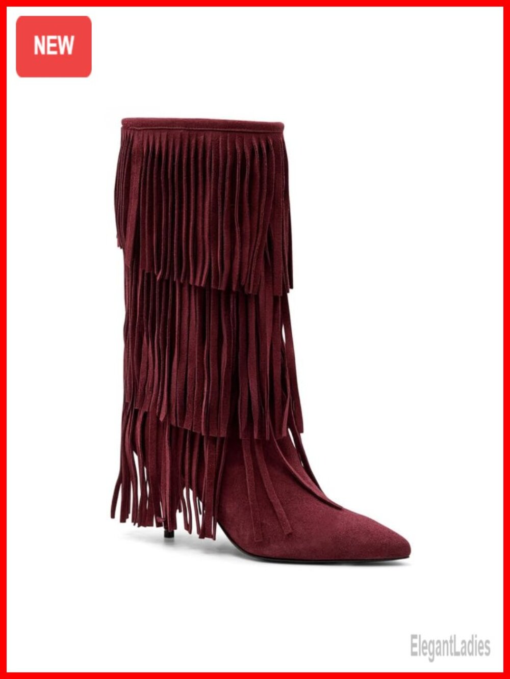 Faux Suede Fringe Knee High Western Boots Kitten Heel Pointed Toe
